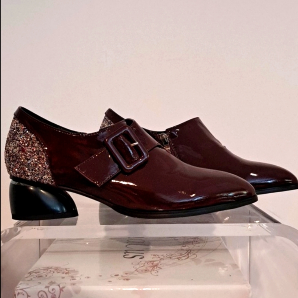NWT Patent Leather Pointed Toe Loafer with Glitter Heel (Burgundy) - TinaCus